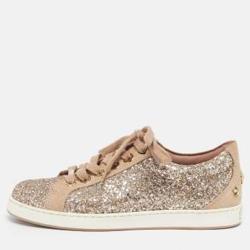 Pre Owned Jimmy Choo Miami Size 35.5 Brown/Gold Glitter and Suede Lace Up Sneakers