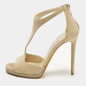 Pre Owned Jimmy Choo Lana Size 39 Beige Suede Ankle Strap Sandals