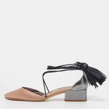 مملوكة مسبقًا صندل جيمي تشو سير كاحل دوشس جلد رمادي ميتالك وساتان بيج مقاس 40