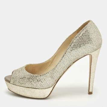 مملوكة مسبقًا Jimmy Choo Dahlia Gold Glitter Fabric Peep Toe Pumps Size 38.5