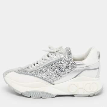 مملوكة مسبقًا Jimmy Choo Raine Size 38 Silver/White Glitter and Leather Low Top Sneakers