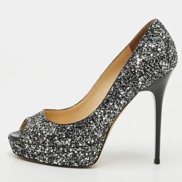 Pre Owned Jimmy Choo Dahlia Size 38 Metallic Glitter Peep Toe Pumps