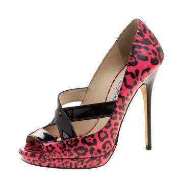 Pre Owned Jimmy Choo Pink Leopard Print Patent Leather Gesture Platform Pumps Size 36