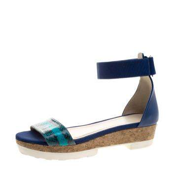 Pre Owned Jimmy Choo Blue Watersnake Neat Ankle Strap Cork Wedge Platform Sandals Size 40
