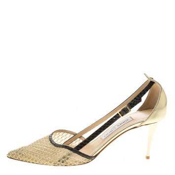 Pre Owned Jimmy Choo Metallic Gold Mesh and Python Trim Pointed Toe Pumps Size 38