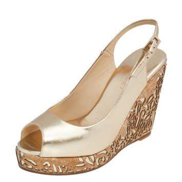 Pre Owned Jimmy Choo Metallic Gold Leather Prova Laser Cut Cork Wedge Sandals Size 40