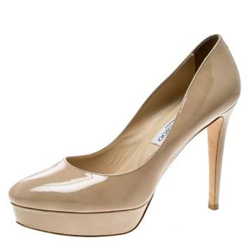 Pre Owned Jimmy Choo Beige Patent Leather Alex Platform Pumps Size 40.5