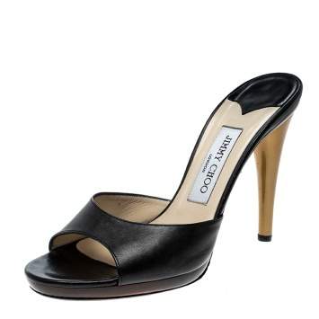 Pre Owned Jimmy Choo Black Leather Peep Toe Slides Size 38