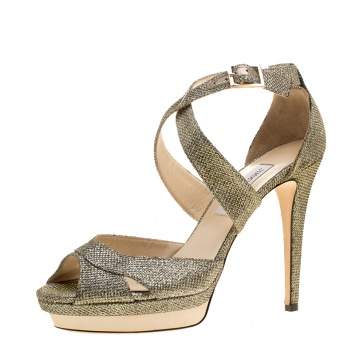 Pre Owned Jimmy Choo Metallic Silver Lamé Glitter Fabric Kuki Platform Sandals Size 41