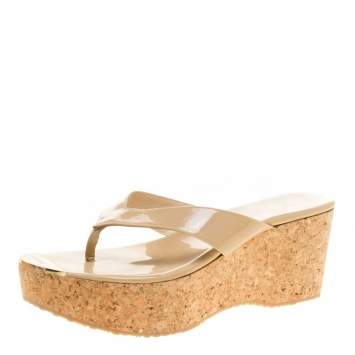 Pre Owned Jimmy Choo Beige Patent Leather Pathos Thong Cork Wedge Slides 41