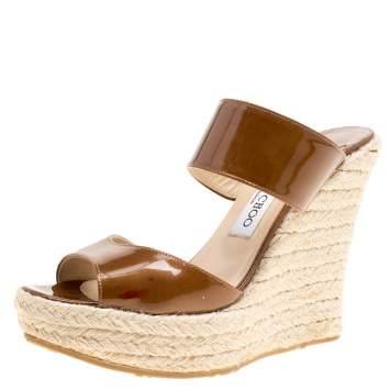 Pre Owned Jimmy Choo Brown Patent Leather Espadrille Wedge Slides Size 38