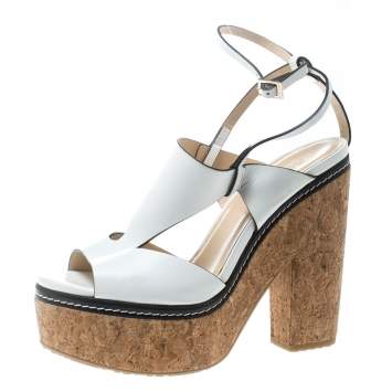 Pre Owned Jimmy Choo White Leather Noble Peep Toe Ankle Strap Platform Cork Sandals Size 41