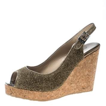 Pre Owned Jimmy Choo Metallic Gold Lurex Prova Slingback Cork Wedge Sandals Size 40