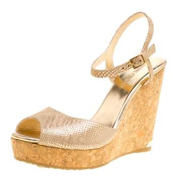 Pre Owned Jimmy Choo Metallic Beige Python Print Suede Perla Cork Wedge Ankle Strap Sandals Size 41