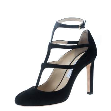 Pre Owned Jimmy Choo Black Suede and Patent Leather Doll Caged Round Toe Pumps Size 40