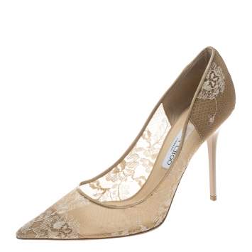 Pre Owned Jimmy Choo Beige Lace and Patent Leather Abel Pointed Toe Pumps Size 41