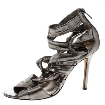 Pre Owned Jimmy Choo Gunmetal Lamé Fabric Ankle Strap Kemble Sandals Size 38