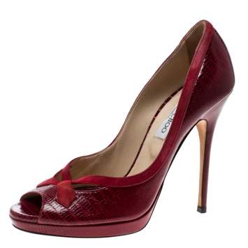 Pre Owned Jimmy Choo Red Embossed Lizard Patent Leather And Suede Trim Peep Toe Platform Pumps Size 40