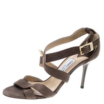 Pre Owned Jimmy Choo Taupe Brown Suede Lottie Strappy Sandals Size 37