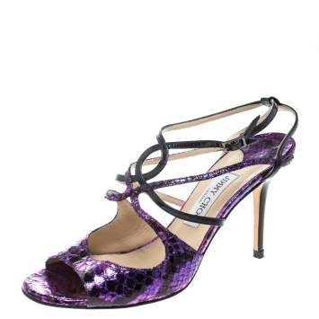 Pre Owned Jimmy Choo Metallic Purple Python Foil Embossed Leather Strappy Peep Toe Sandals Size 39
