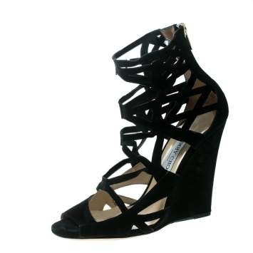Pre Owned Jimmy Choo Black Suede Laser Cut Cage Wedge Sandals Size 39