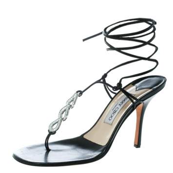 Pre Owned Jimmy Choo Black Leather Crystal Studded Ankle Wrap Thong Sandals Size 40