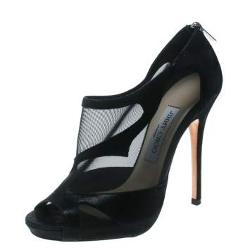 Pre Owned Jimmy Choo Black Mesh And Suede Marble Peep Toe Booties Size 38