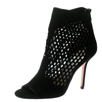 Pre Owned Jimmy Choo Black Suede Lasercut Peep Toe Ankle Boots Size 38.5