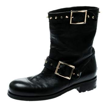 مملوكة مسبقًا Jimmy Choo Black Leather Youth Buckle Studded Ankle Boots Size 36.5