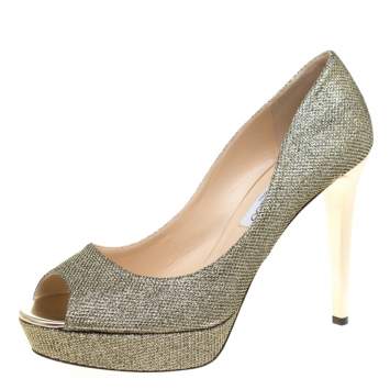Pre Owned Jimmy Choo Metallic Light Bronze Lamè Glitter Fabric Dahlia Platform Peep Toe Pumps Size 42