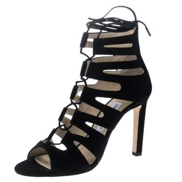 Pre Owned Jimmy Choo Black Suede Hitch Cut Out Caged Sandals Size 40