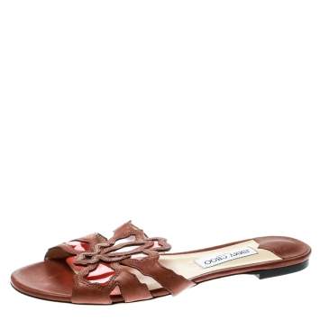 Pre Owned Jimmy Choo Brown Leather And Multicolor PVC Lisa Flat Slides Size 41