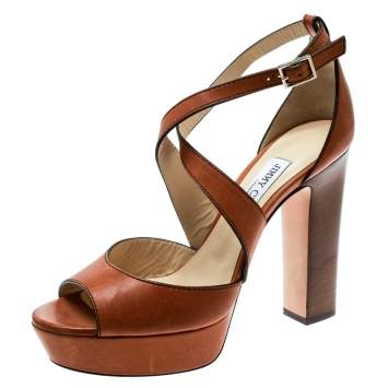 Pre Owned Jimmy Choo Brown Leather April Cross Strap Platform Block Heel Sandals Size 40