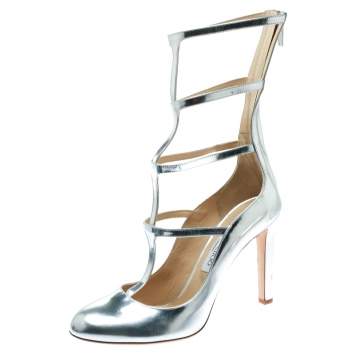 Pre Owned Jimmy Choo Metallic Silver Leather Dundee Cage Pumps Size 40.5