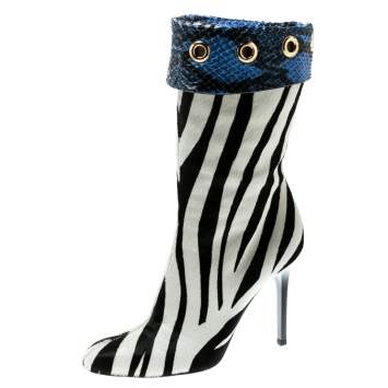 Pre Owned Jimmy Choo Monochrome Zebra Print Pony Hair And Blue Snakeskin Trim Jetson Boots Size 37.5