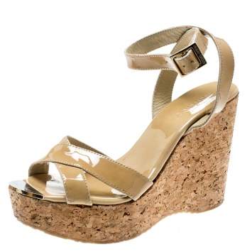 Pre Owned Jimmy Choo Beige Patent Leather Papyrus Cork Wedge Ankle Strap Sandals Size 38