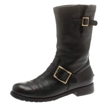 Pre Owned Jimmy Choo Black Leather Youth Biker Mid Calf Boots Size 37.5