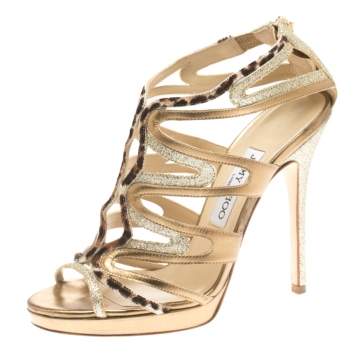 Pre Owned Jimmy Choo Coarse Glitter Leather And Calf Hair Trim Mercury Cage Open Toe Sandals Size 38