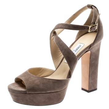 Pre Owned Jimmy Choo Beige Suede April Cross Strap Platform Block Heel Sandals Size 39