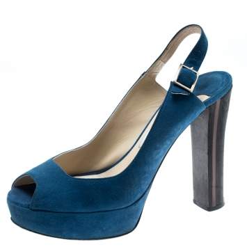 Pre Owned Jimmy Choo Blue Suede Lexy Platform Slingback Sandals Size 37.5