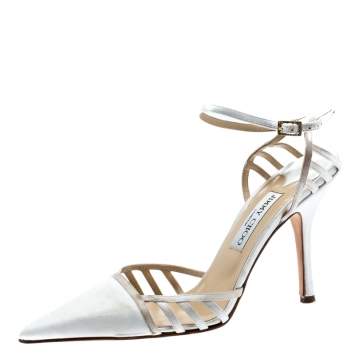Pre Owned Jimmy Choo White Satin Pointed Toe Slingback Sandals 38