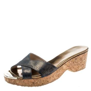 Pre Owned Jimmy Choo Metallic Blue Leather Panna Cork Slides Size 38.5