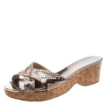 Pre Owned Jimmy Choo Two Tone  Python Embossed Leather Panna Cork Slides Size 38