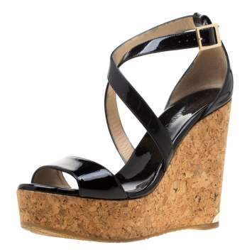 Pre Owned Jimmy Choo Black Patent Leather Portia Cork Wedge Cross Strap Sandals Size 39