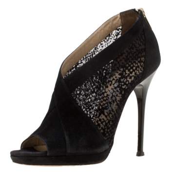 Pre Owned Jimmy Choo Black Mesh/Suede Ultra Peep Toe Ankle Booties Size 39.5