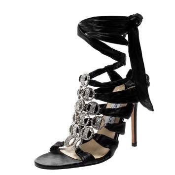 Pre Owned Jimmy Choo Black Leather Marine Crystal Embellished Tie Up Sandals Size 39