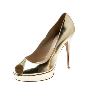 Pre Owned Jimmy Choo Metallic Gold Foil Leather Peep Toe Platform Pumps Size 39.5