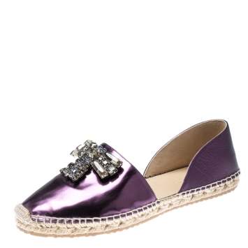 Pre Owned Jimmy Choo Metallic Purple Leather Crystal Embellished D'orsay Espadrille Flats Size 40