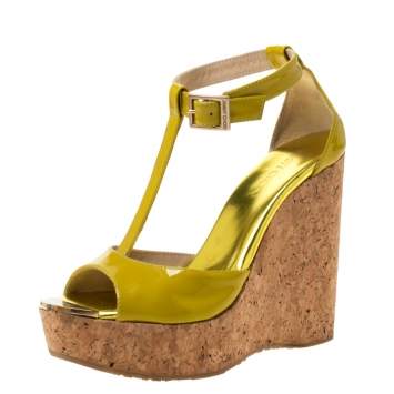 Pre Owned Jimmy Choo Lime Green Patent Leather Pania Cork Wedge T Strap Sandals Size 36.5
