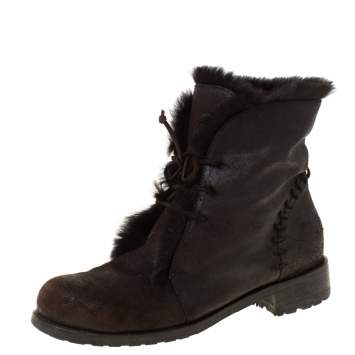 Pre Owned Jimmy Choo Dark Brown Leather and Fur Lace Ankle Boots Size 38.5